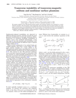 Transverse instability of transverse-magnetic solitons and nonlinear surface plasmons