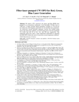 Fiber-laser-pumped CW OPO for red, green, blue laser generation